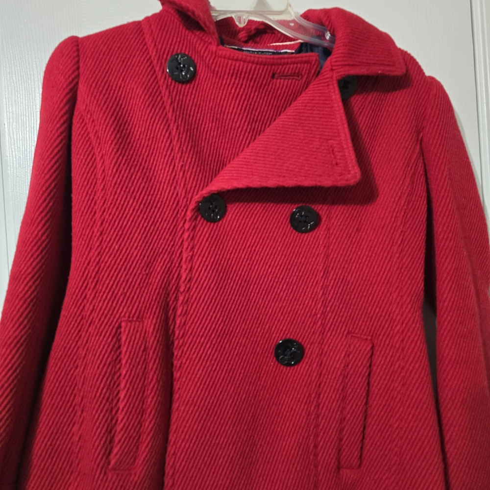 Tommy Hilfiger Vibrant Red Pea Coat with Black Buttons